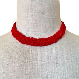 Vintage Red Beaded West German Braided Adjustable Choker Necklace